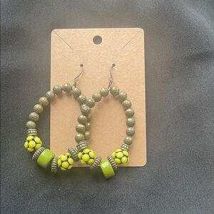 Green and Yellow Beaded Hoop Earrings